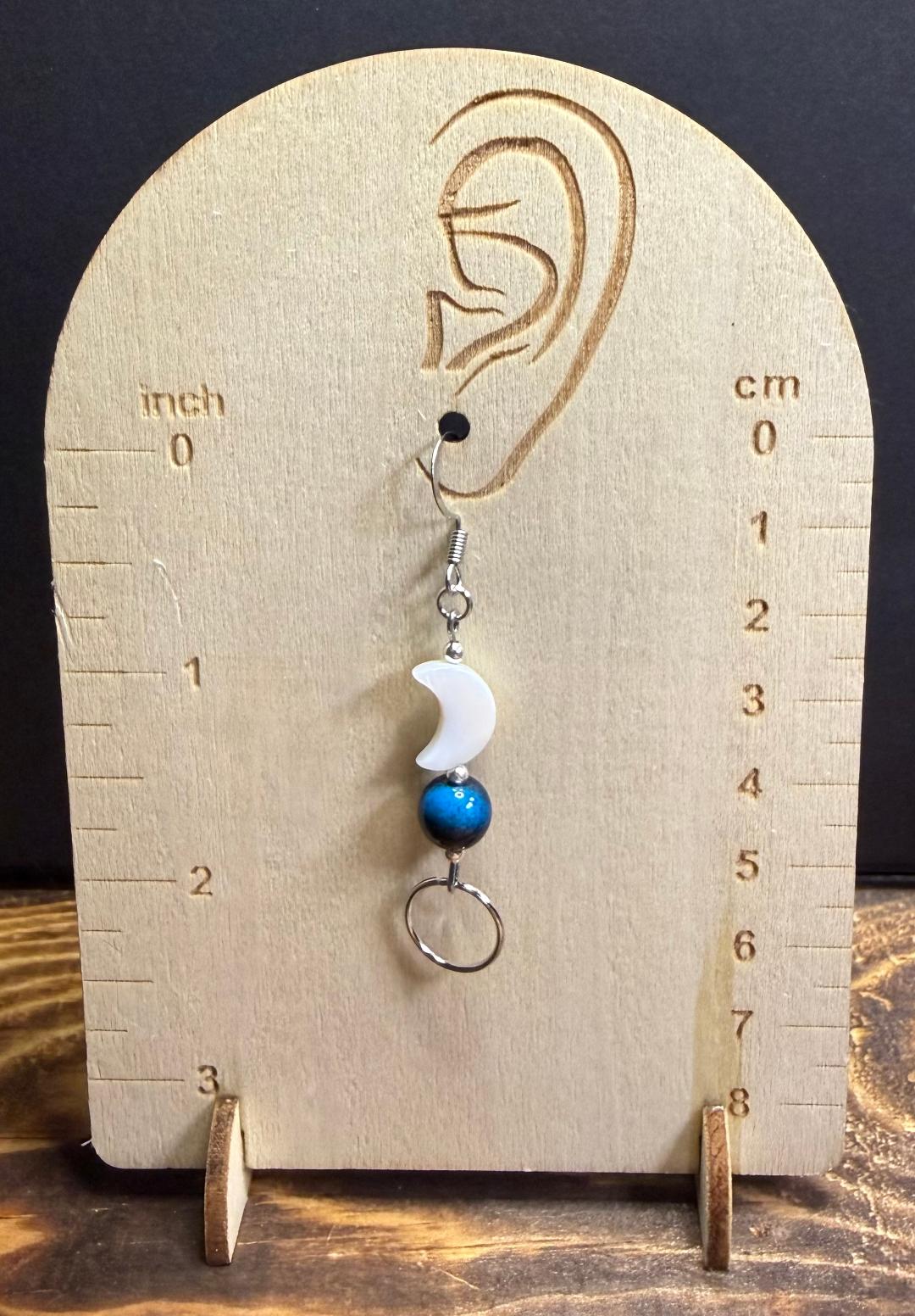 NEW Celestial Shell Crescent Moon Earrings w/ Two Tone Blue & Black Bead