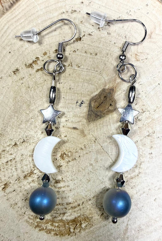 NEW Celestial Drop Earrings w/ Real Shell Crescent Moon Charm