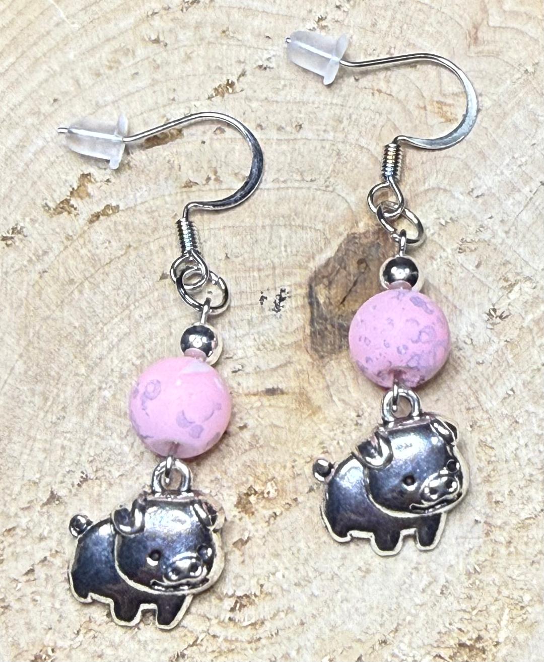 NEW Silver Alloy Pig Piglet Charm Earrings w/ Pink & Gray Glass Beads