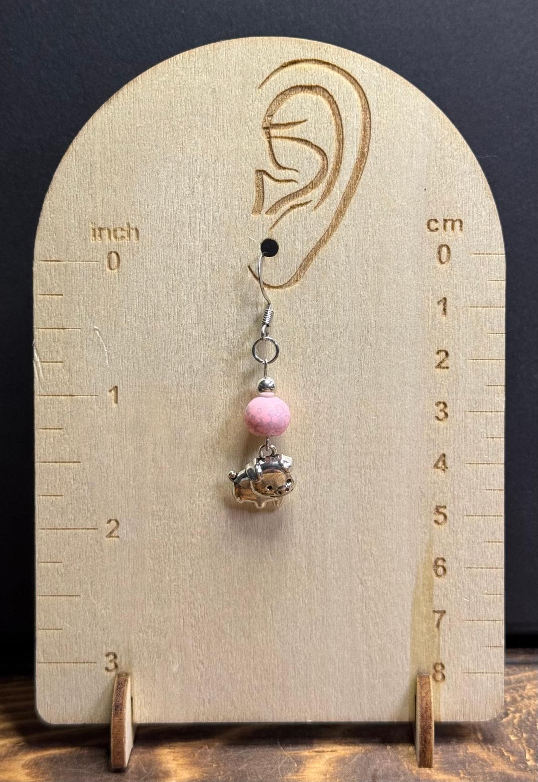 NEW Silver Alloy Pig Piglet Charm Earrings w/ Pink & Gray Glass Beads