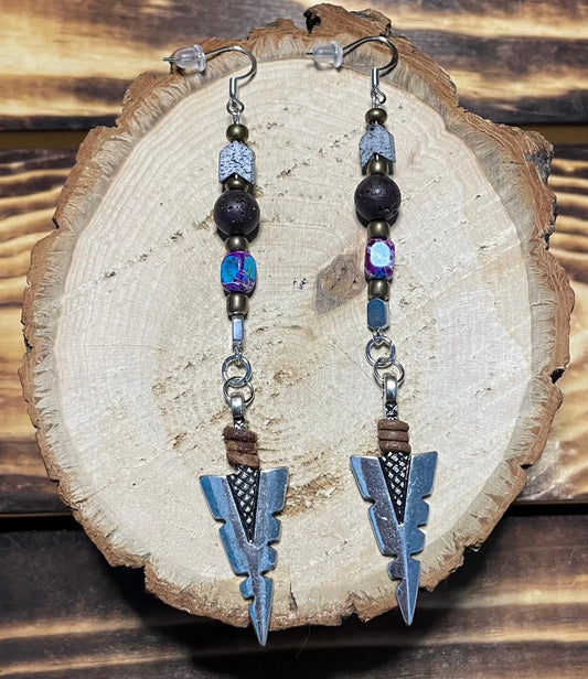 NEW Silver Arrowhead Earrings w/ Jasper & Lava Beads