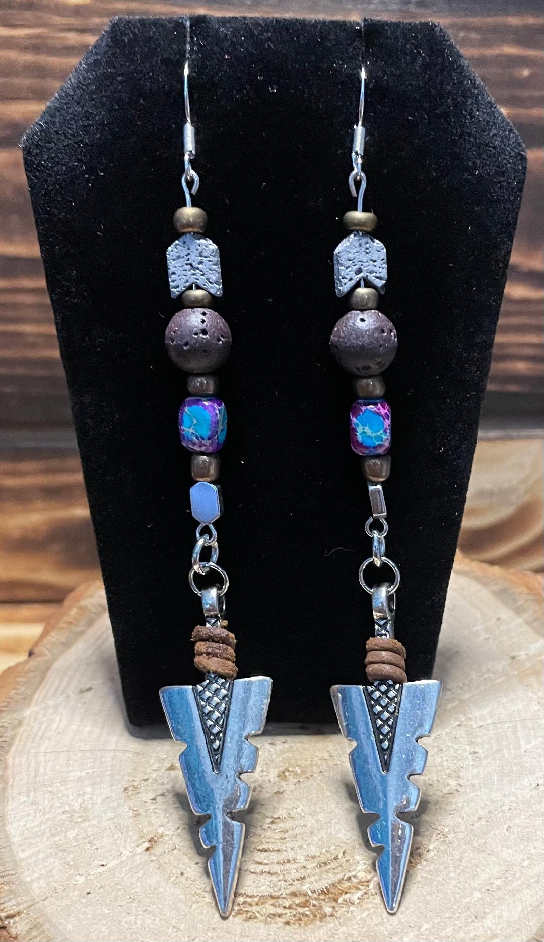 NEW Silver Arrowhead Earrings w/ Jasper & Lava Beads