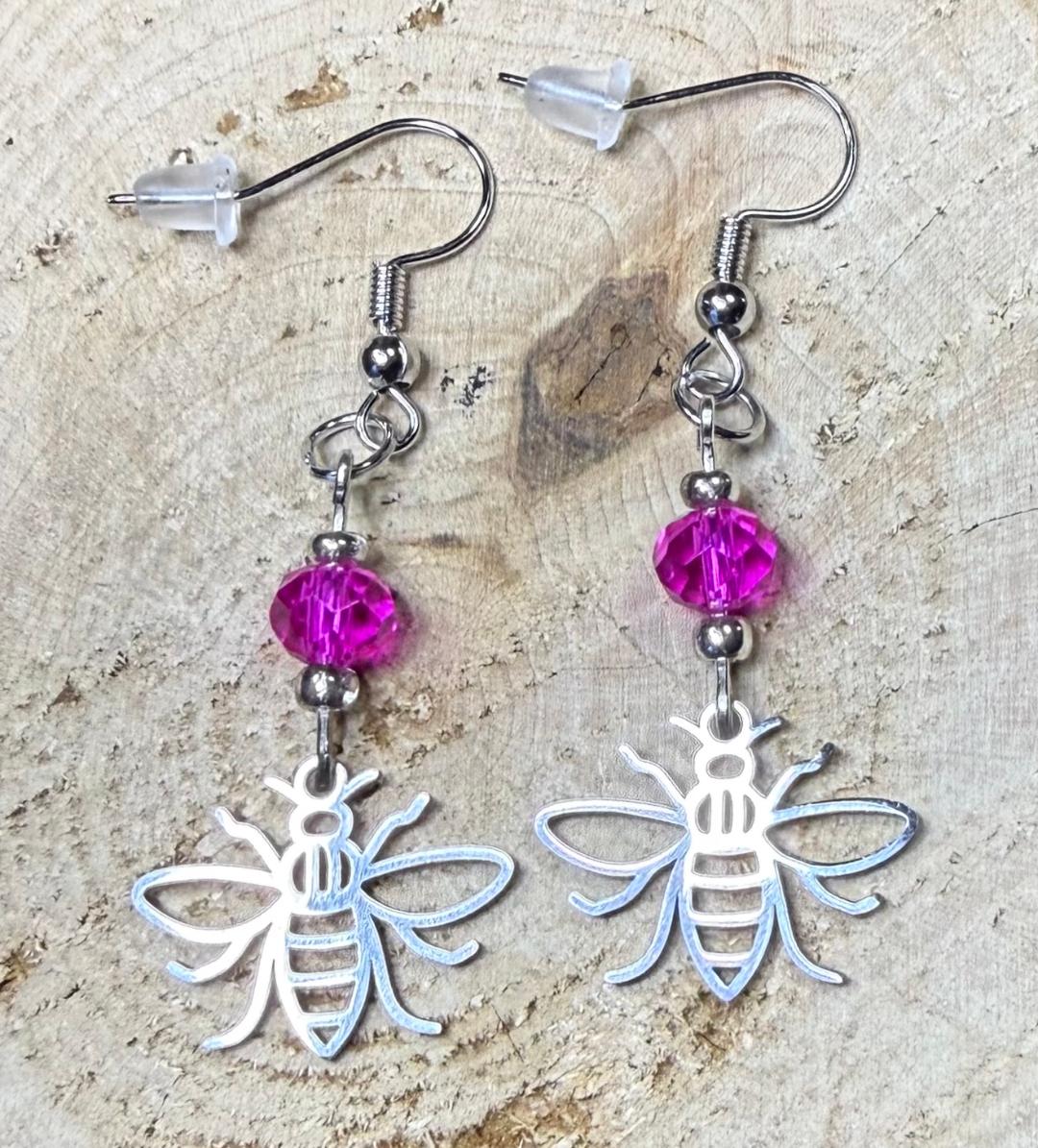 NEW Silver Stainless Steel Hollow Bee Charm Earrings w/ Hot Pink Bead