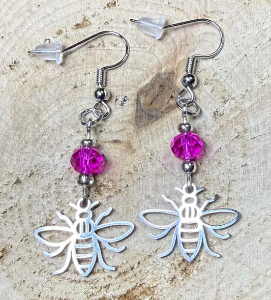 NEW Silver Stainless Steel Hollow Bee Charm Earrings w/ Hot Pink Bead