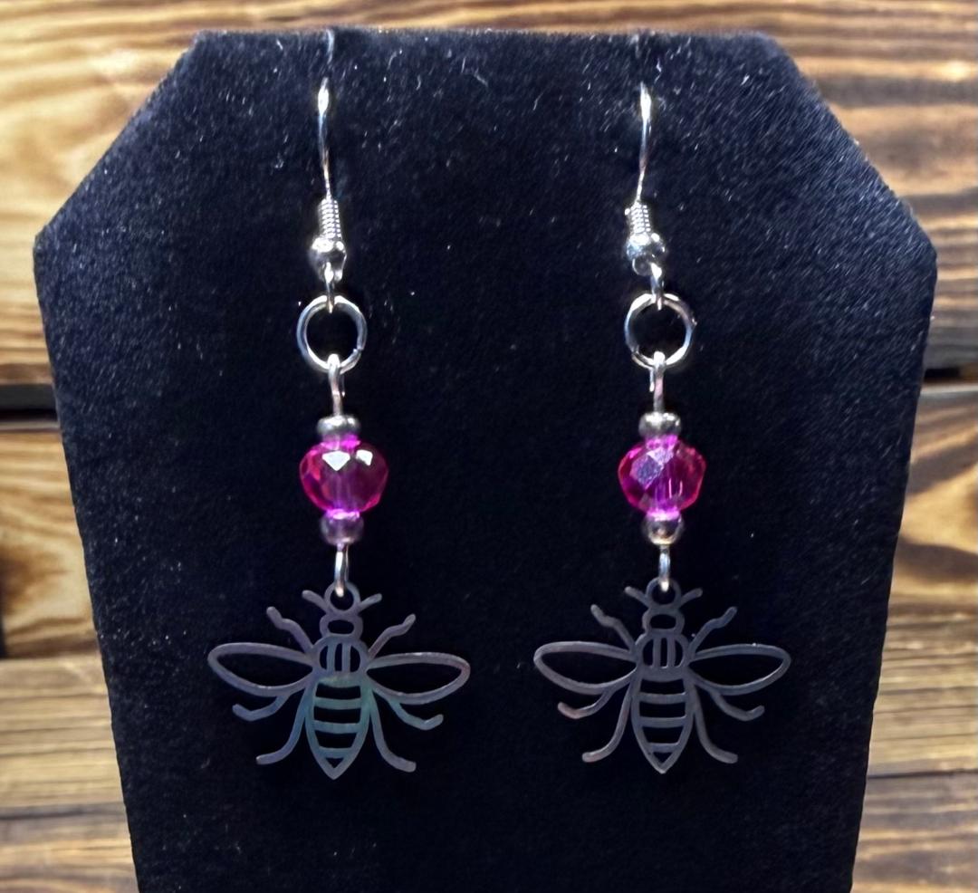 NEW Silver Stainless Steel Hollow Bee Charm Earrings w/ Hot Pink Bead