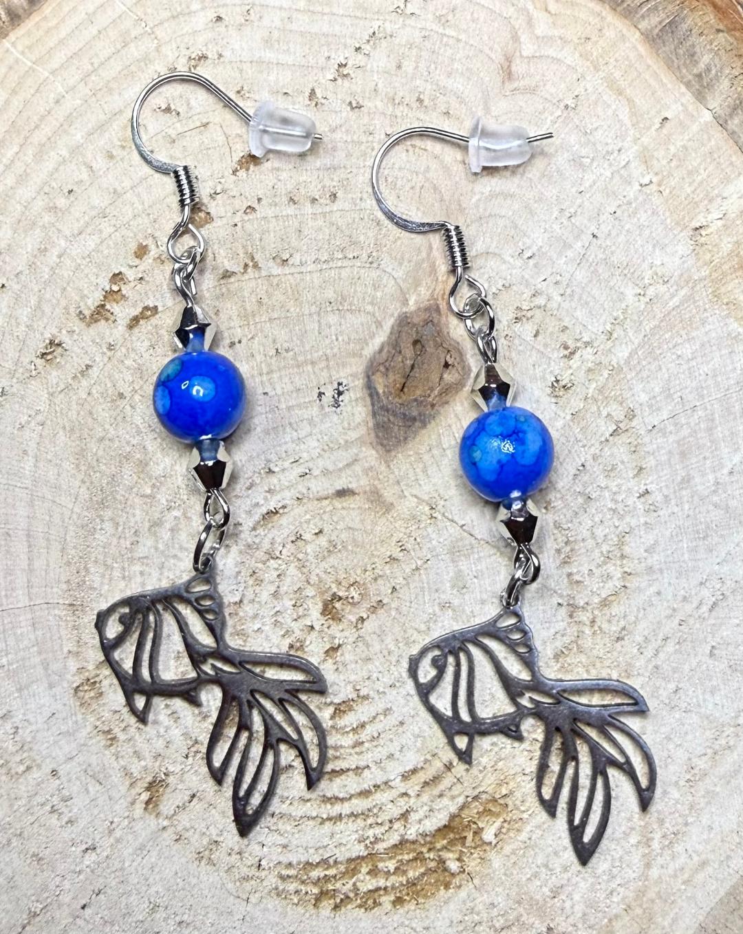 NEW Hollow Stainless Steel Beta Fish Earrings w/ Vivid Blue Beads