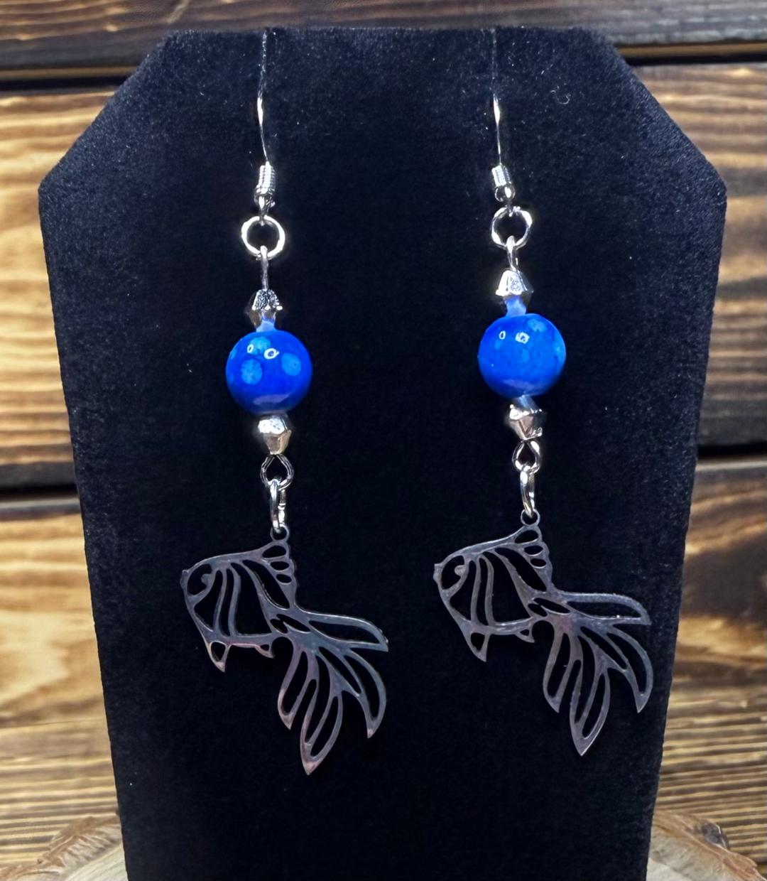 NEW Hollow Stainless Steel Beta Fish Earrings w/ Vivid Blue Beads