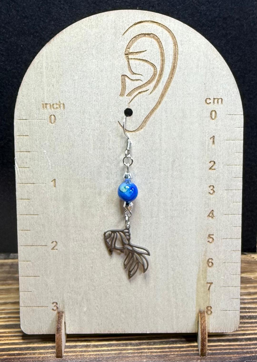 NEW Hollow Stainless Steel Beta Fish Earrings w/ Vivid Blue Beads