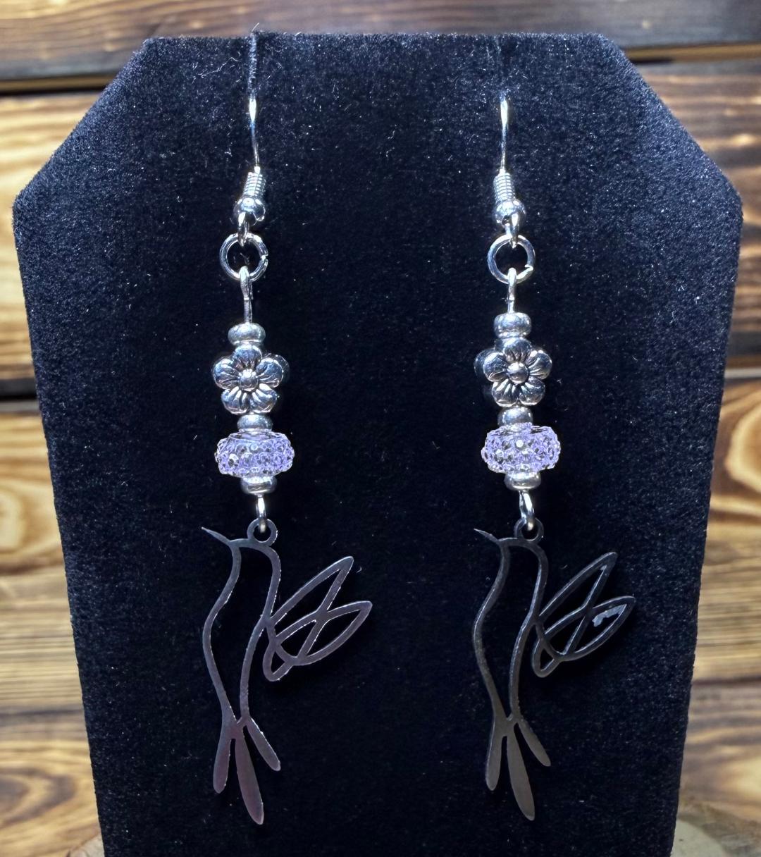 NEW Hollow Silver Stainless Steel Bird in Flight Earrings w/ Lavender Bead
