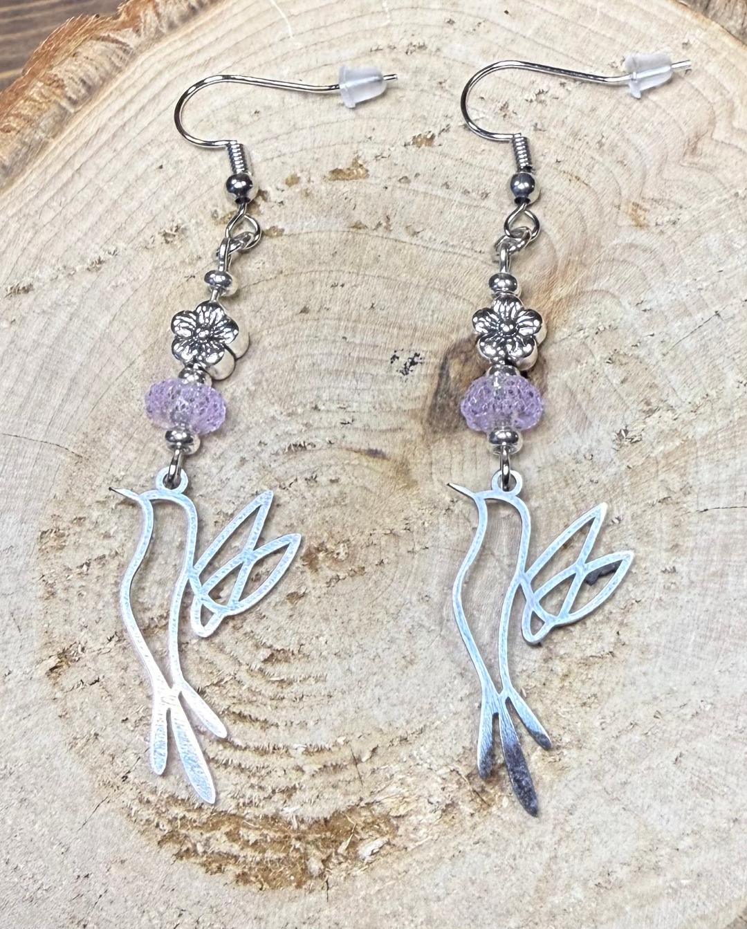 NEW Hollow Silver Stainless Steel Bird in Flight Earrings w/ Lavender Bead