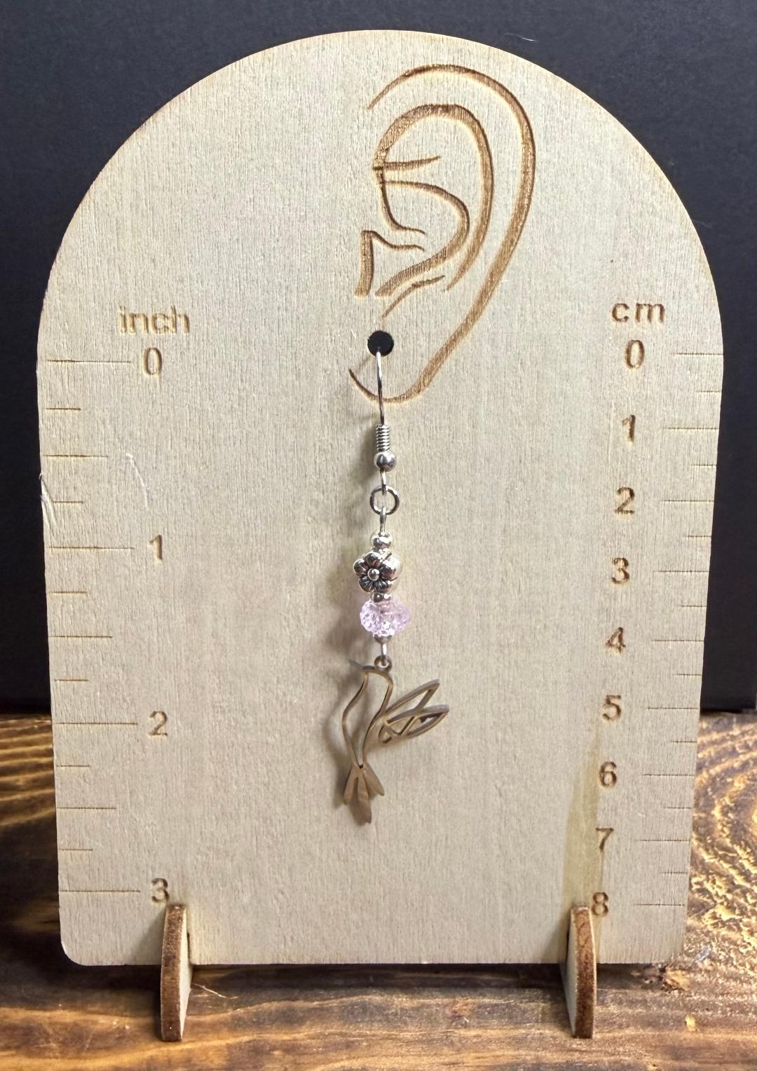 NEW Hollow Silver Stainless Steel Bird in Flight Earrings w/ Lavender Bead