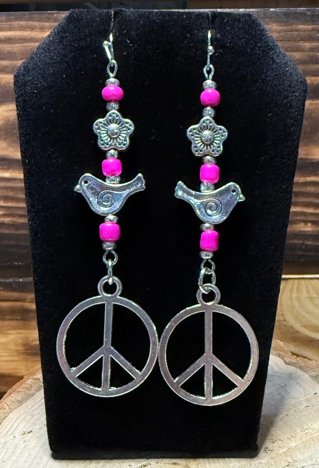 NEW Hippie Peace Sign / Hot Pink Beads / Silver Bird & Flower Earrings