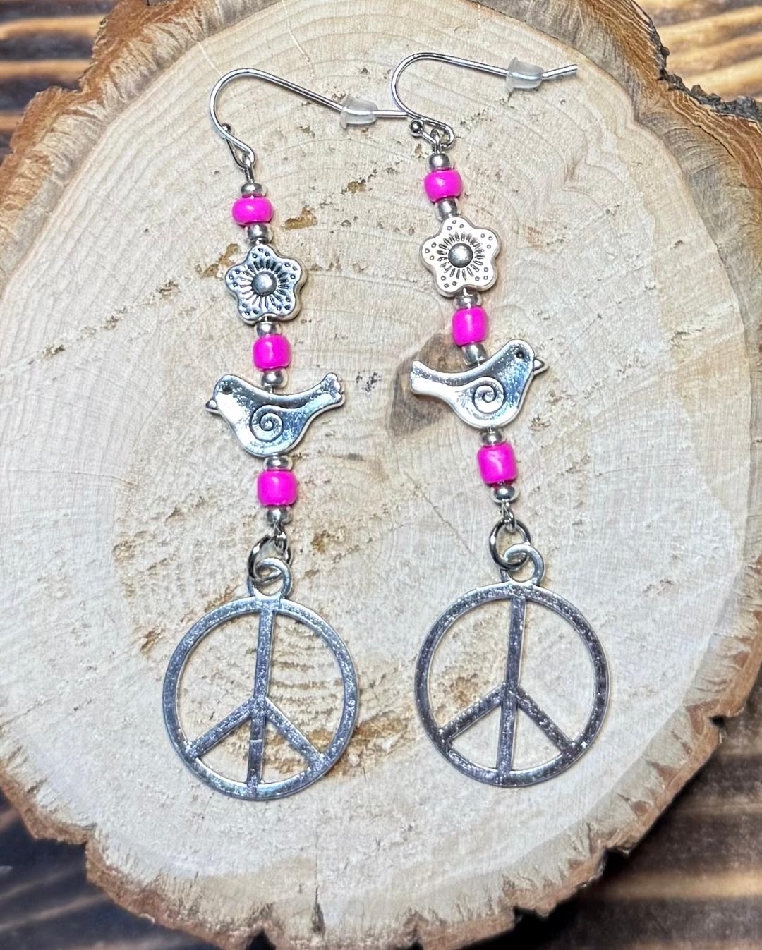 NEW Hippie Peace Sign / Hot Pink Beads / Silver Bird & Flower Earrings