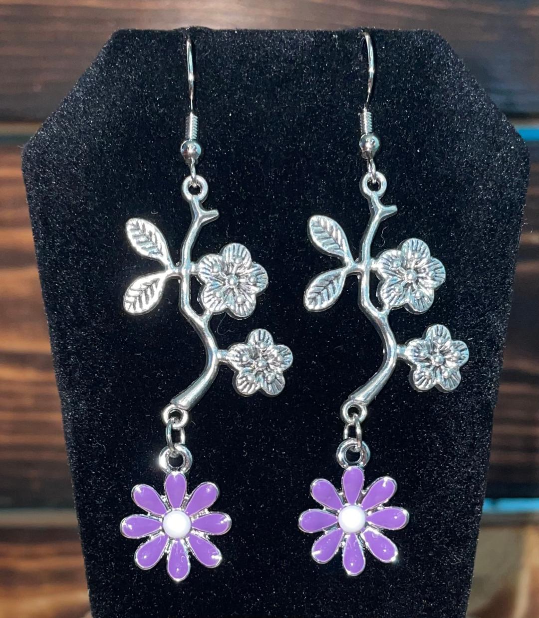 NEW Flower Branch w/ Purple Enamel Flower Drop Dangle Earrings