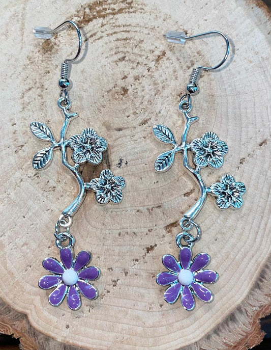 NEW Flower Branch w/ Purple Enamel Flower Drop Dangle Earrings