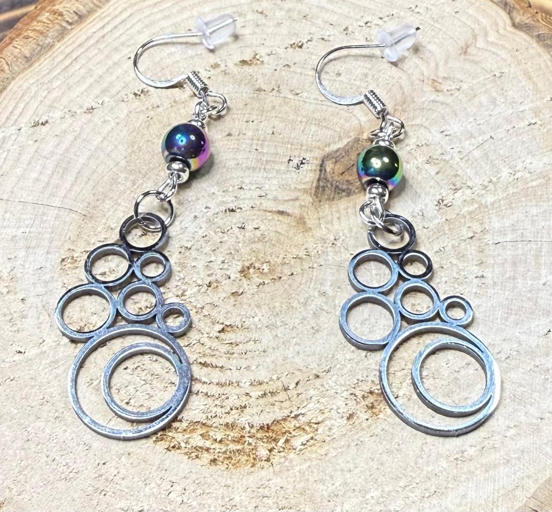 NEW Geometric Round Bubble Style Earrings w/ Iridescent  Beads