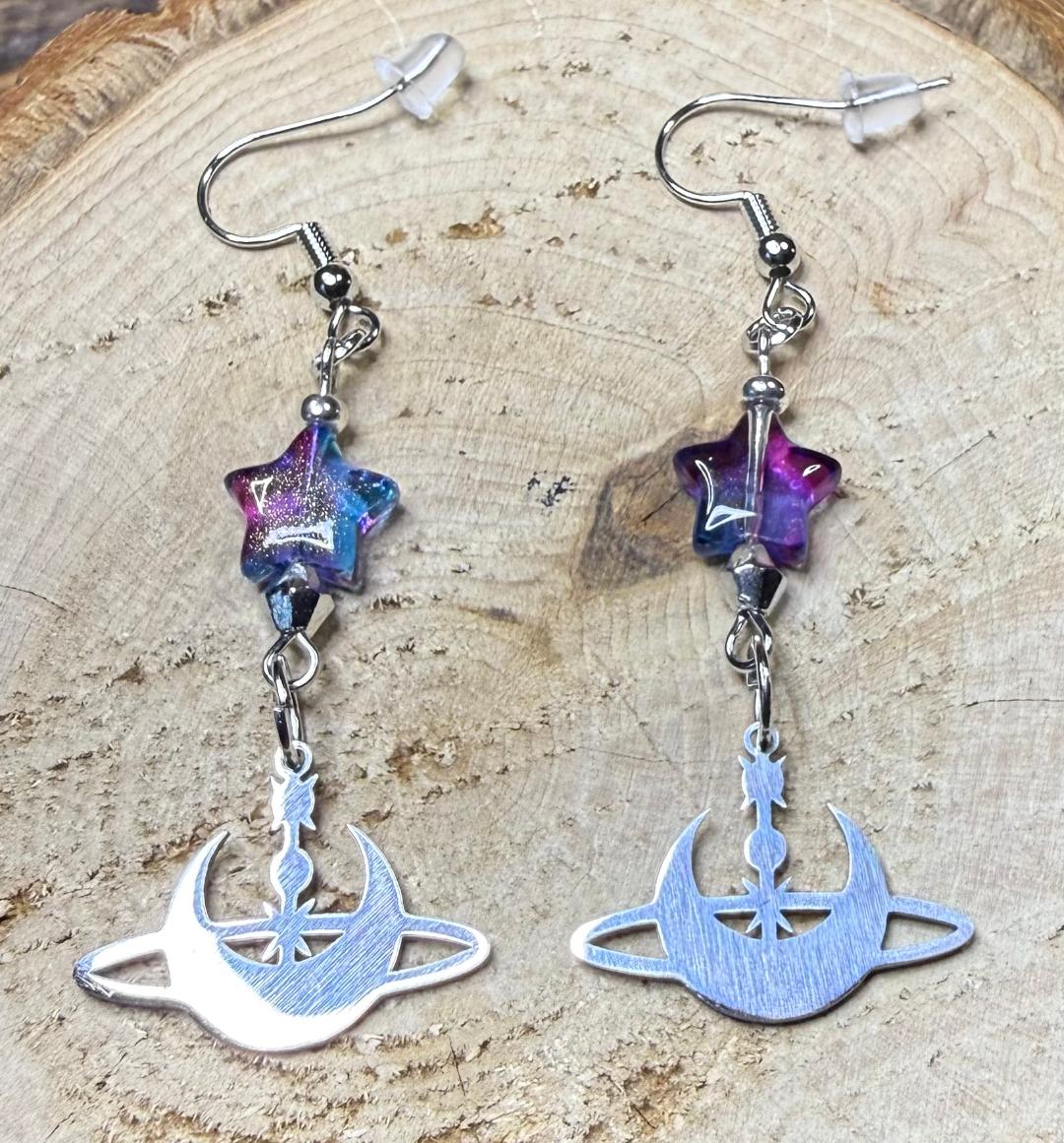 NEW Stainless Steel Celestial Moon & Stars Earrings w/ Glass Star Beads