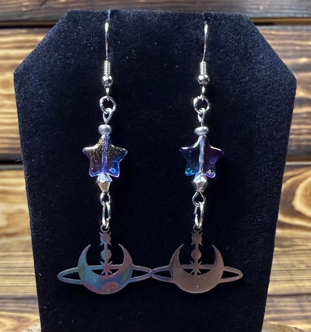 NEW Stainless Steel Celestial Moon & Stars Earrings w/ Glass Star Beads