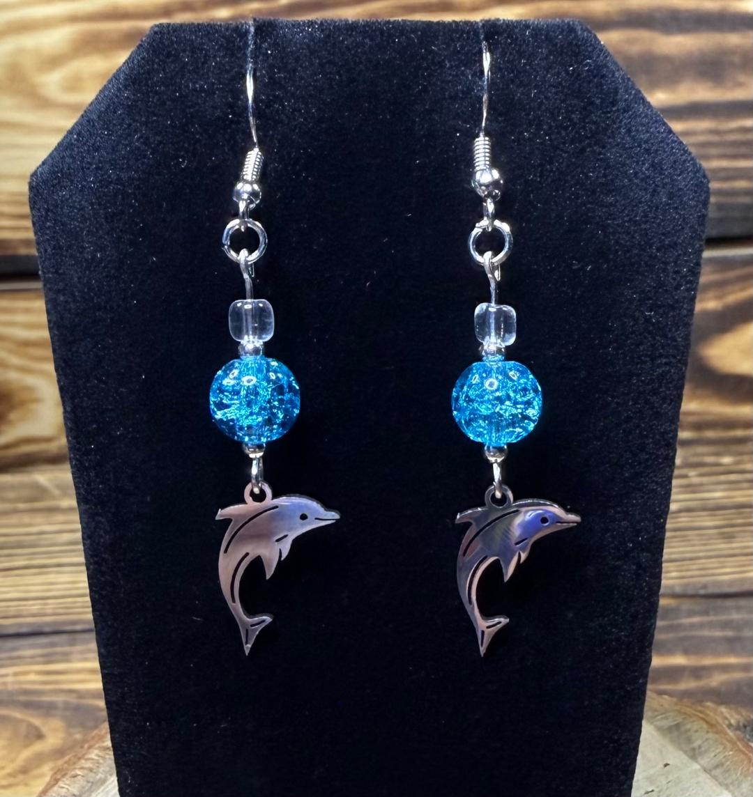 NEW Silver Stainless Steel Dolphin Charm Earrings w/ Aqua Blue Glass Beads