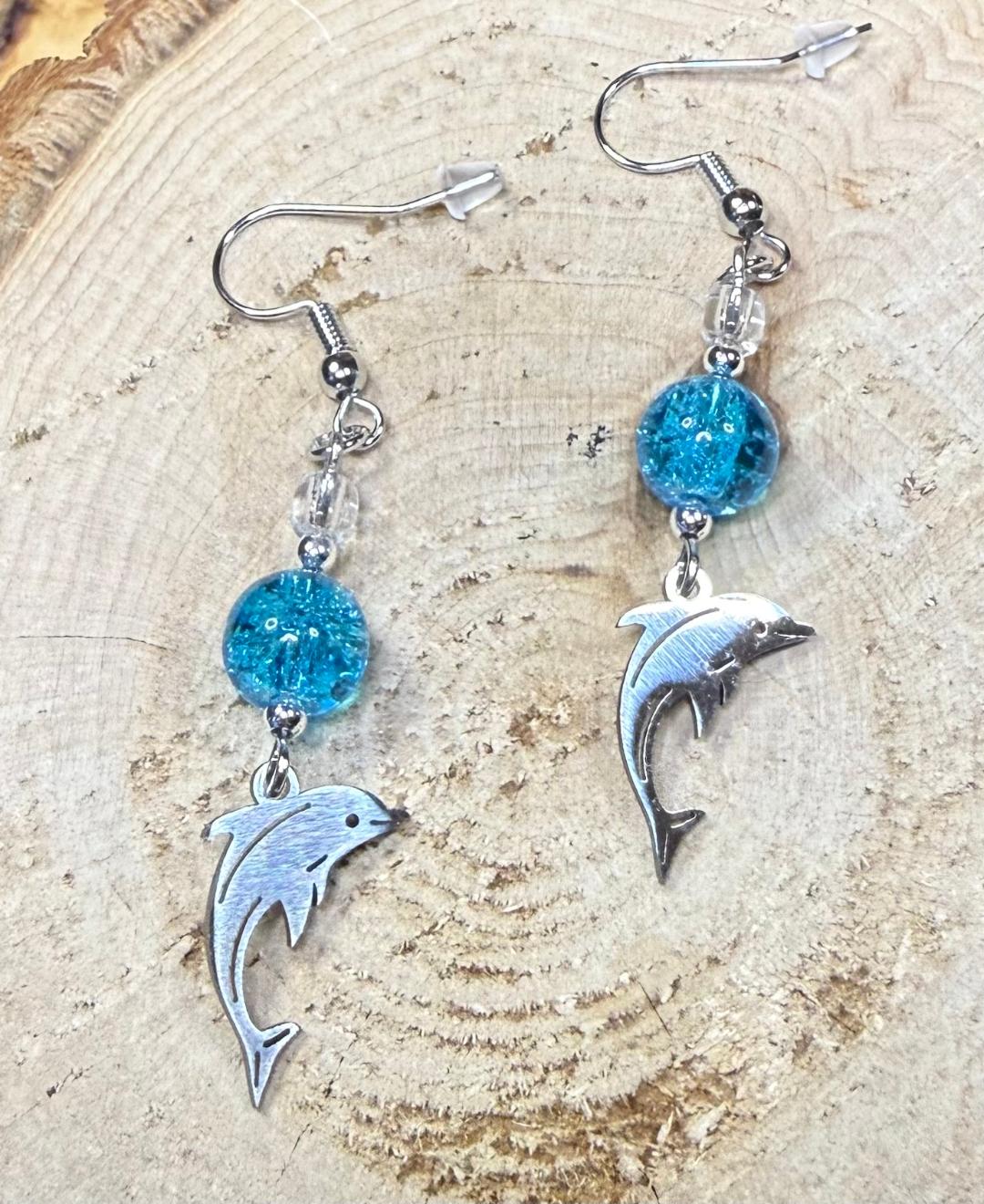 NEW Silver Stainless Steel Dolphin Charm Earrings w/ Aqua Blue Glass Beads
