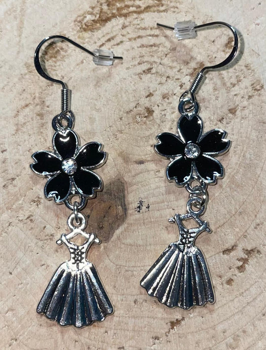 NEW Little Corset Dress & Black Enamel Flower Drop Dangle Earrings