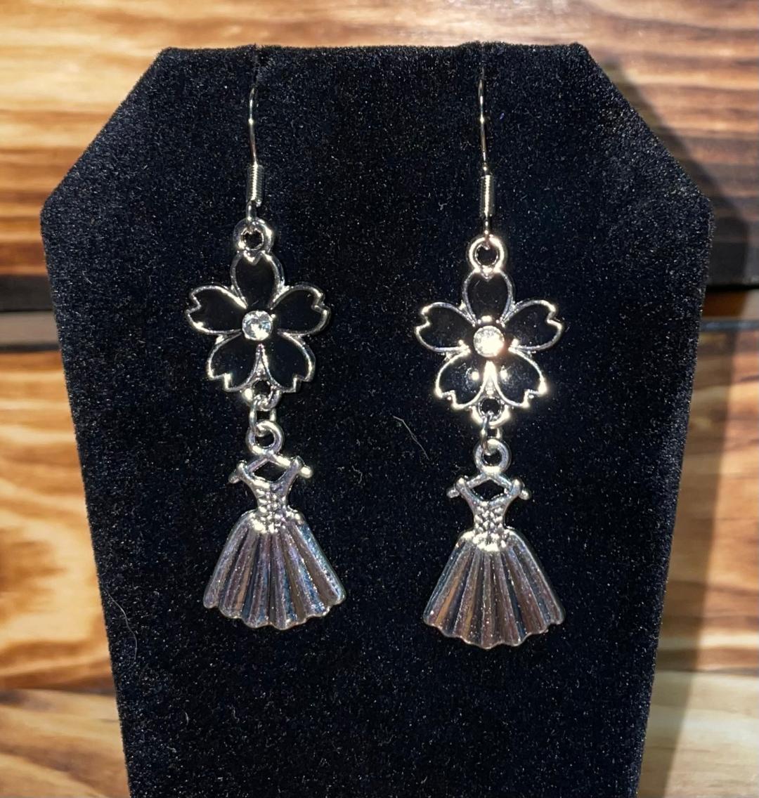 NEW Little Corset Dress & Black Enamel Flower Drop Dangle Earrings
