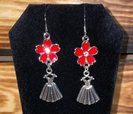 NEW Little Corset Dress & Red Enamel Flower Drop Dangle Earrings