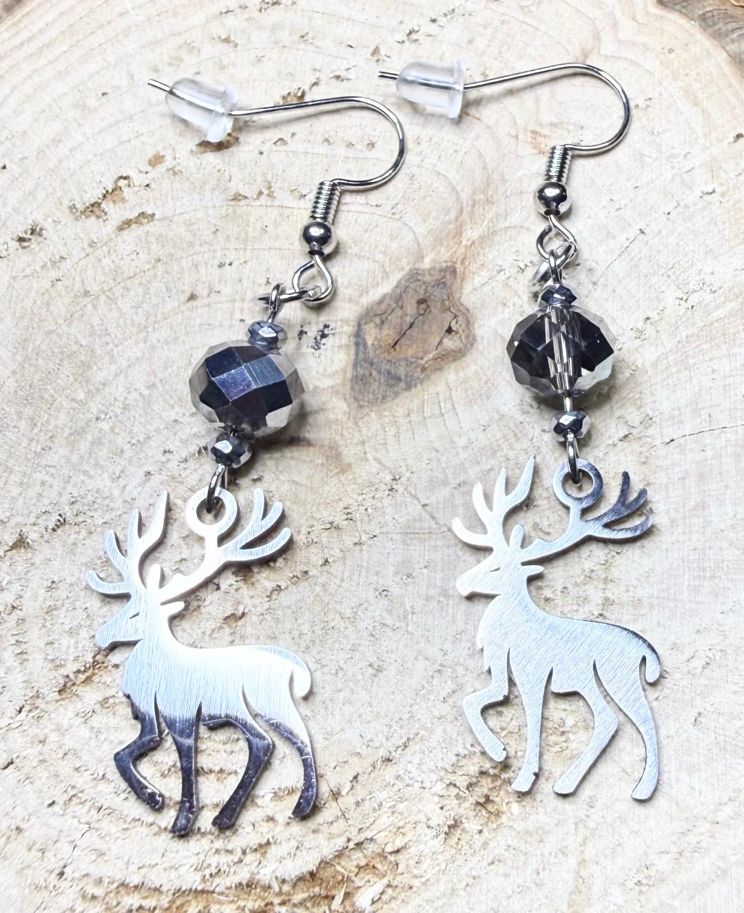 NEW Silver Elk Charm Stainless Steel Earrings w/ Silver Glass Faceted Beads