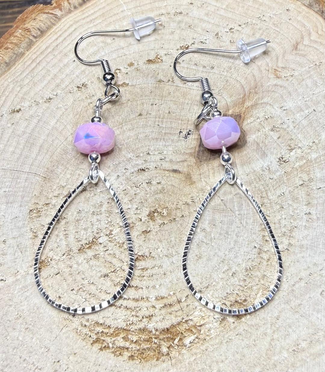 NEW Embossed Silver Teardrop Hoop Earrings w/ Pink Glass Beads