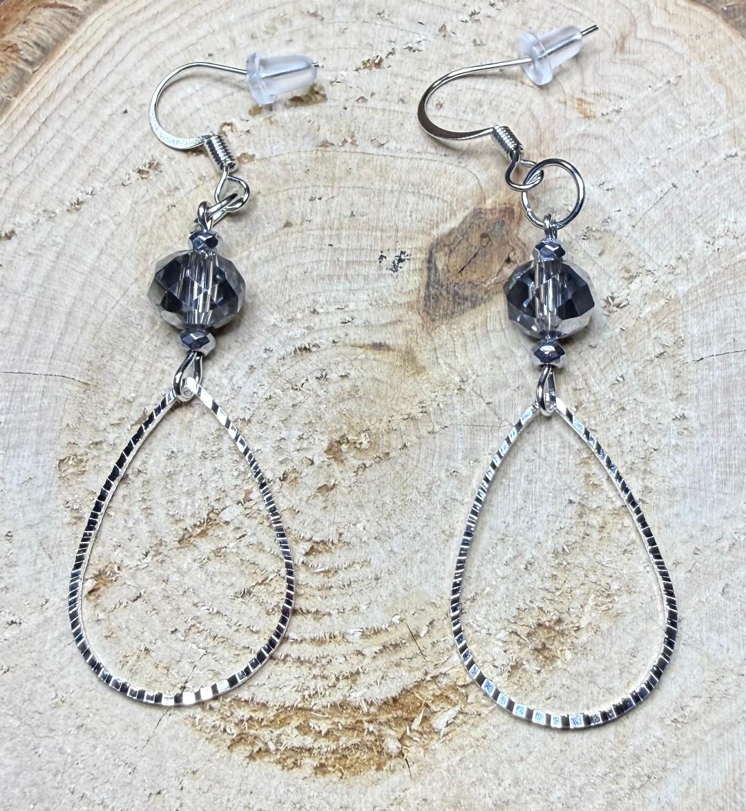 NEW Embossed Silver Teardrop Hoop Earrings w/ Glass Beads