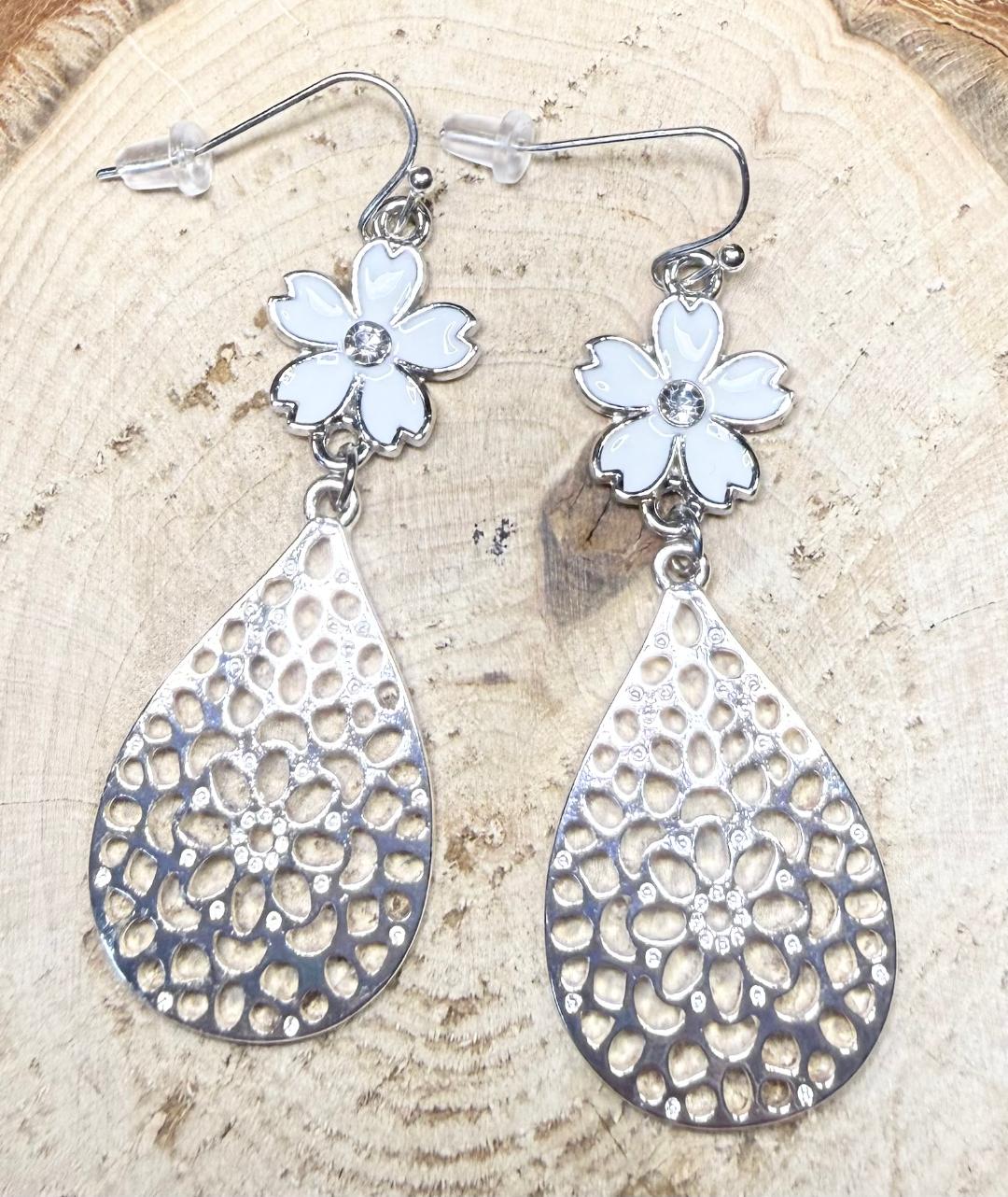 NEW Silver Filigree Style Teardrop Earrings w/ Fancy White Enamel Flower