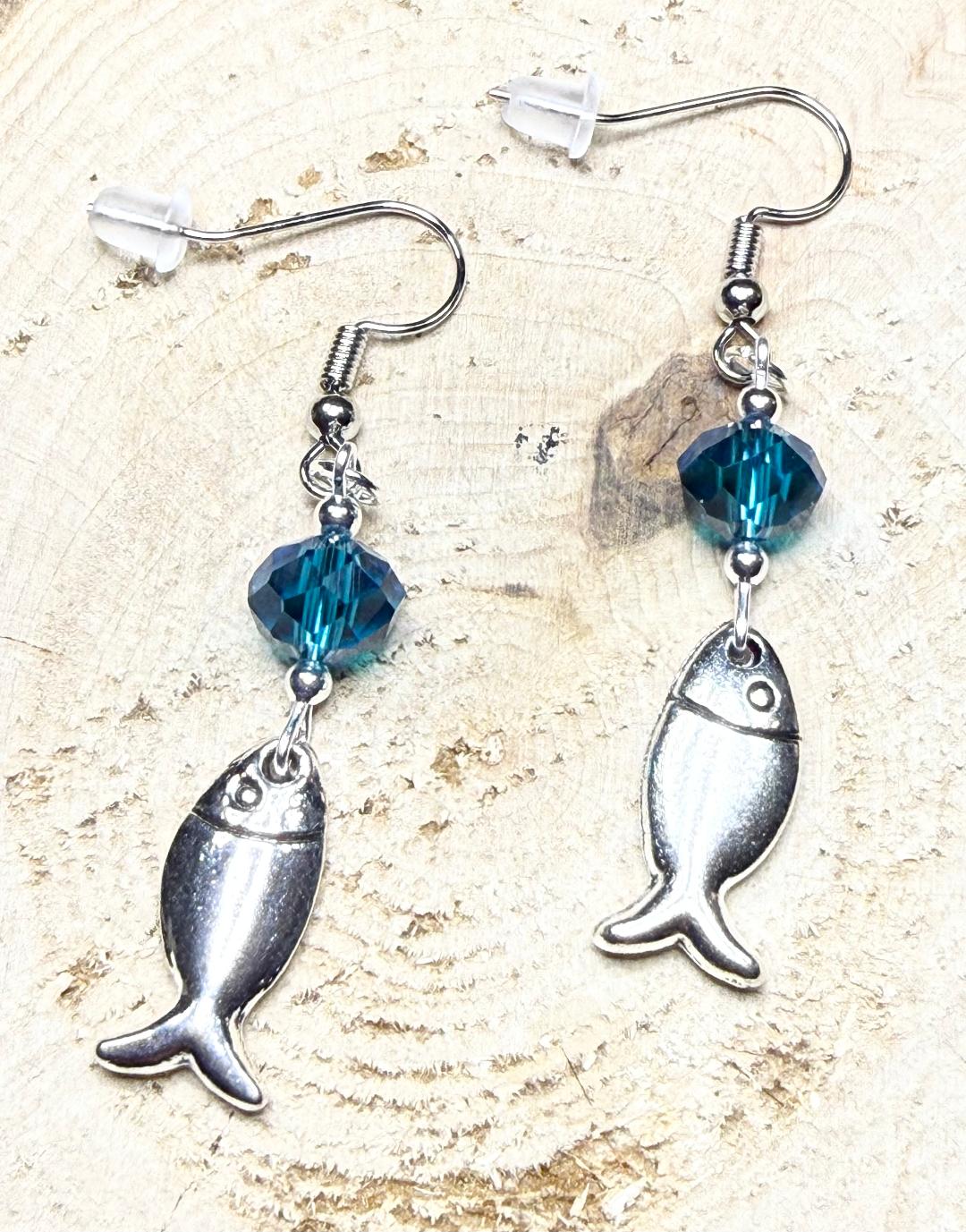 NEW Silver Alloy Fish Charm Earrngs w/ Ocean Blue Glass Beads