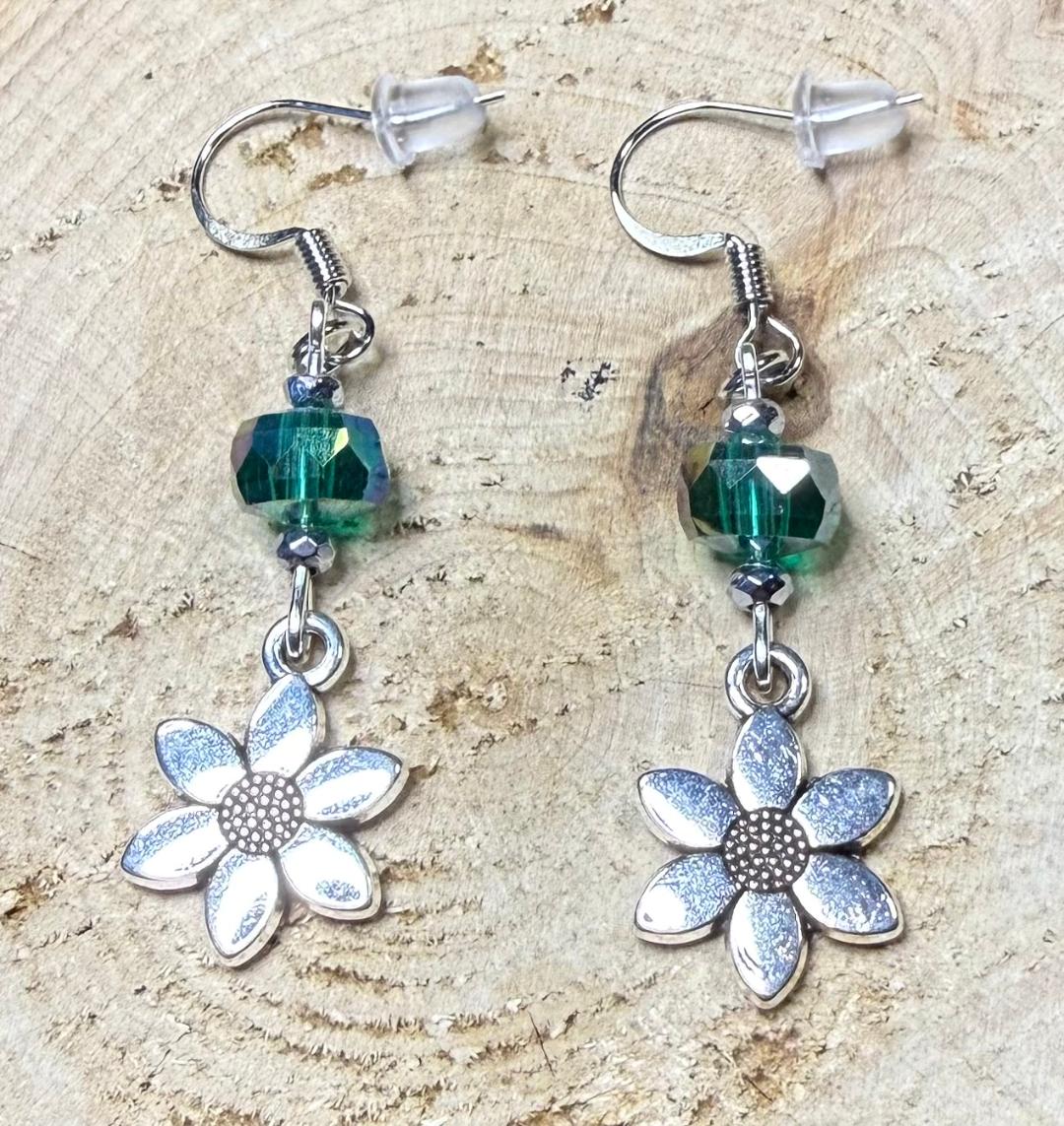 NEW Double Sided Silver Flower Charm Earrings w/ Forest Green Glass Beads