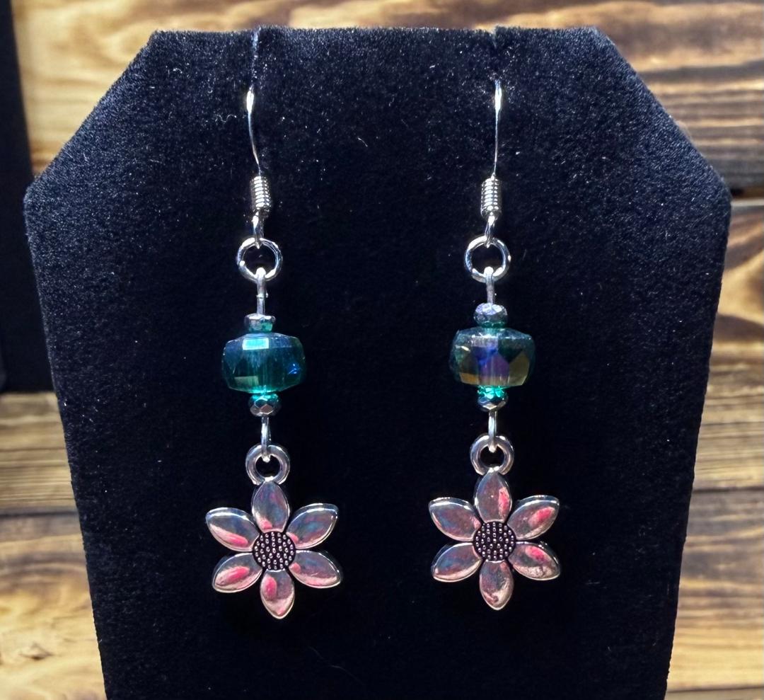 NEW Double Sided Silver Flower Charm Earrings w/ Forest Green Glass Beads