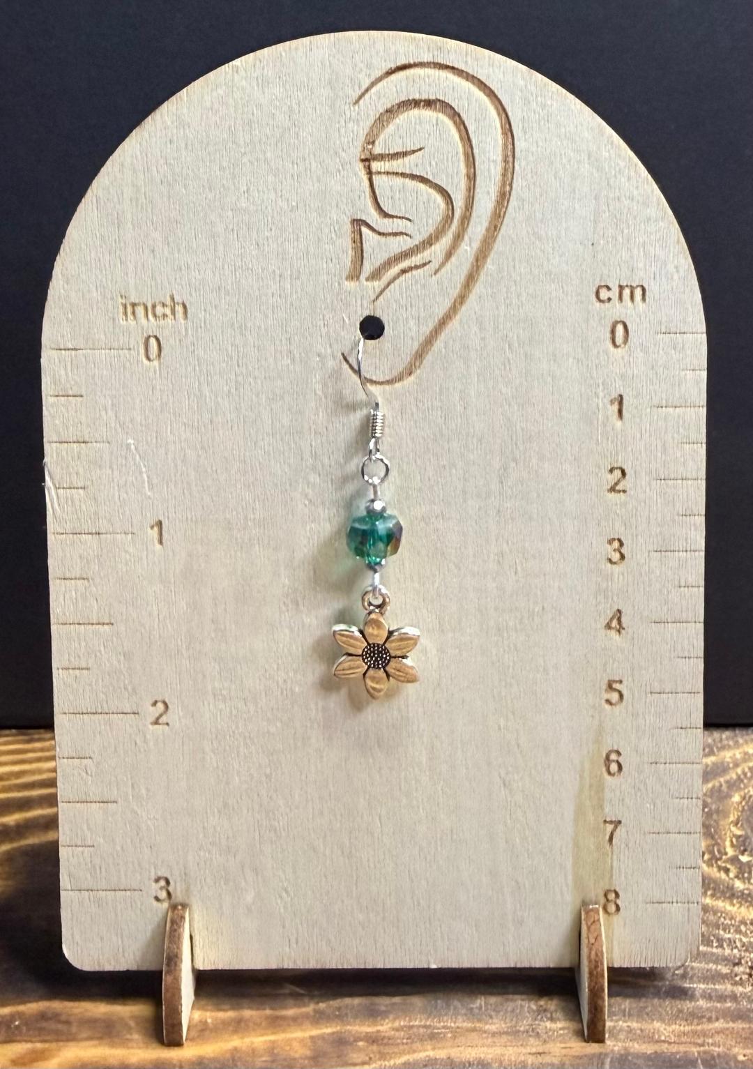 NEW Double Sided Silver Flower Charm Earrings w/ Forest Green Glass Beads