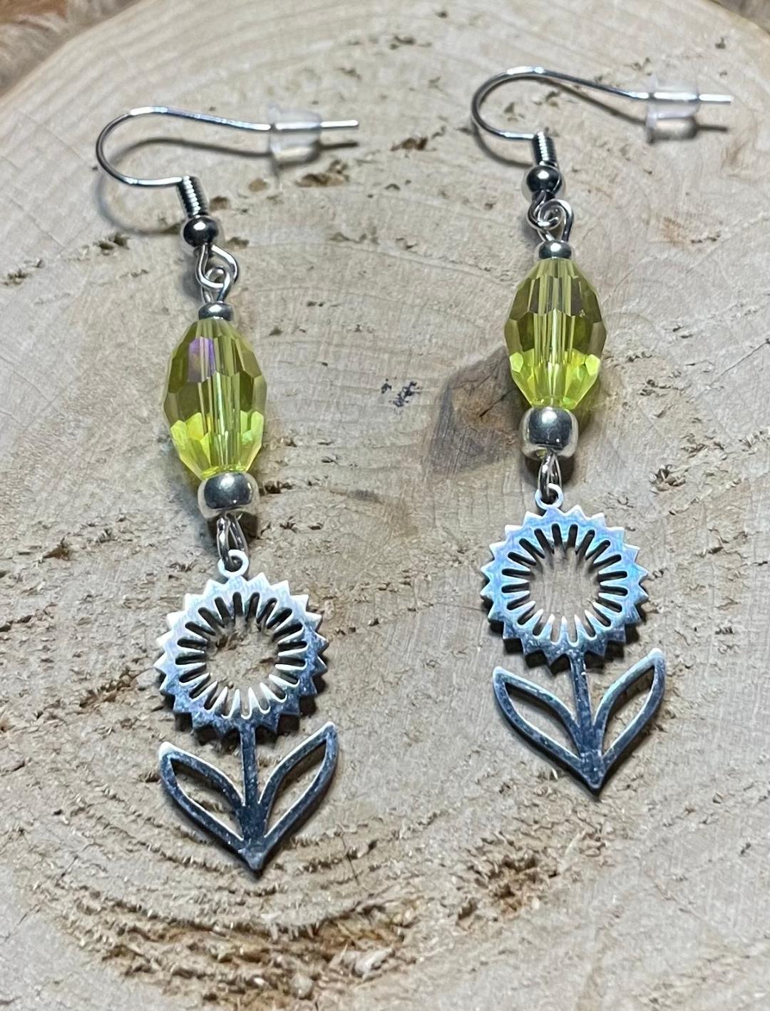 NEW Silver Hollow Flower w/ Yellow Faceted Bead Earrings