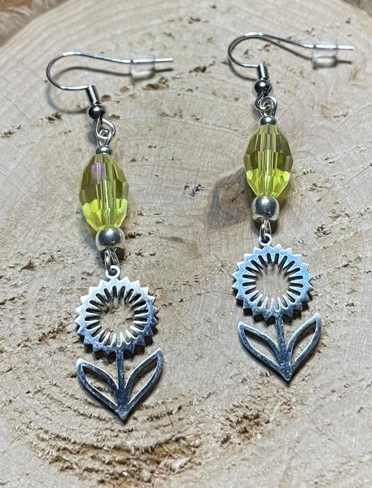NEW Silver Hollow Flower w/ Yellow Faceted Bead Earrings