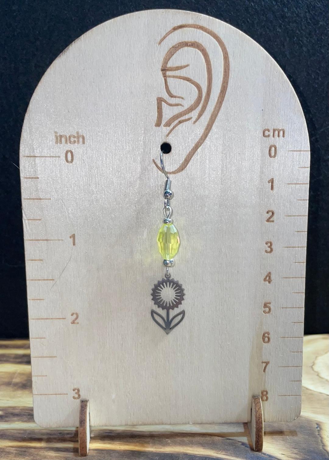 NEW Silver Hollow Flower w/ Yellow Faceted Bead Earrings