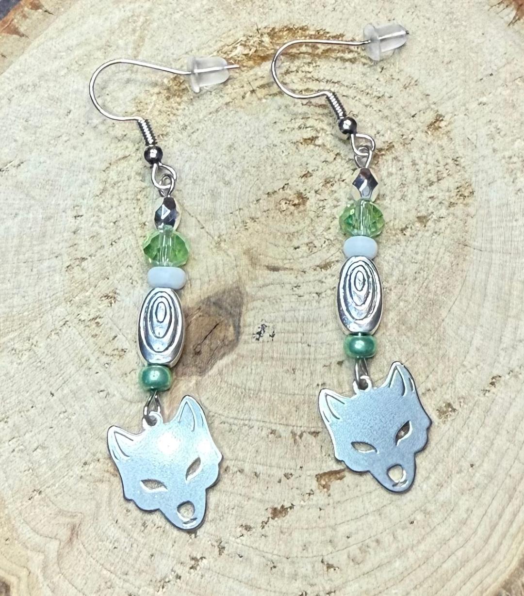 NEW Silver Wolf / Fox Earrings w/ Green Glass Beads