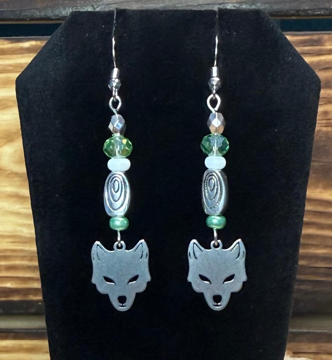 NEW Silver Wolf / Fox Earrings w/ Green Glass Beads
