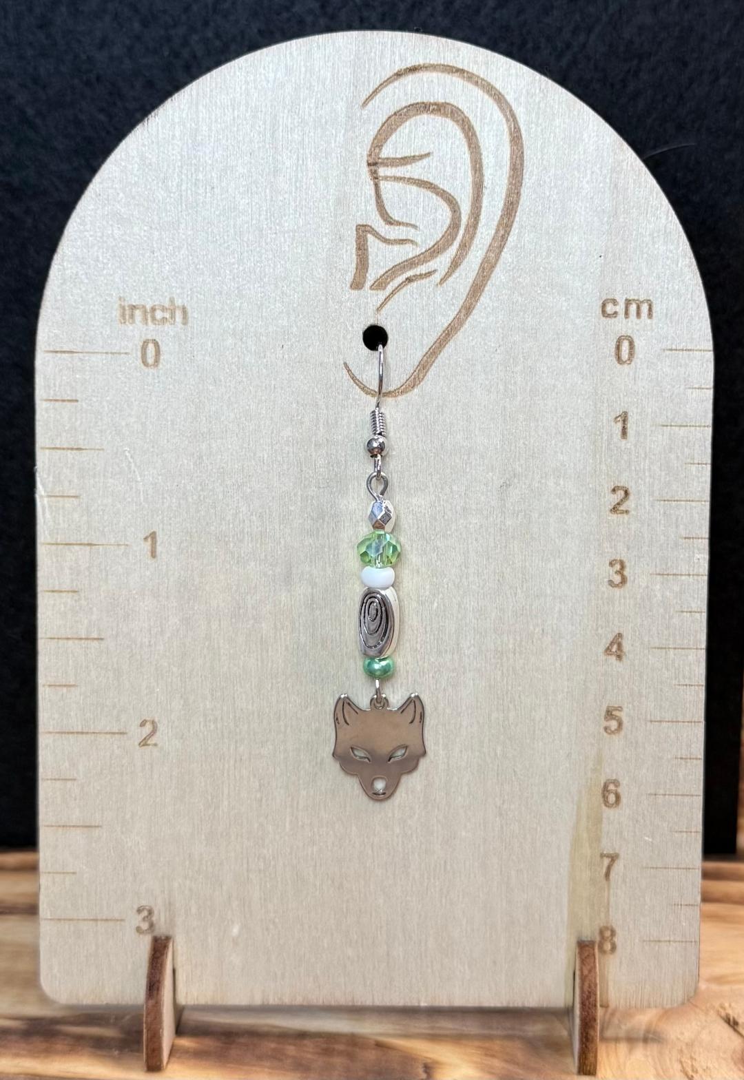NEW Silver Wolf / Fox Earrings w/ Green Glass Beads