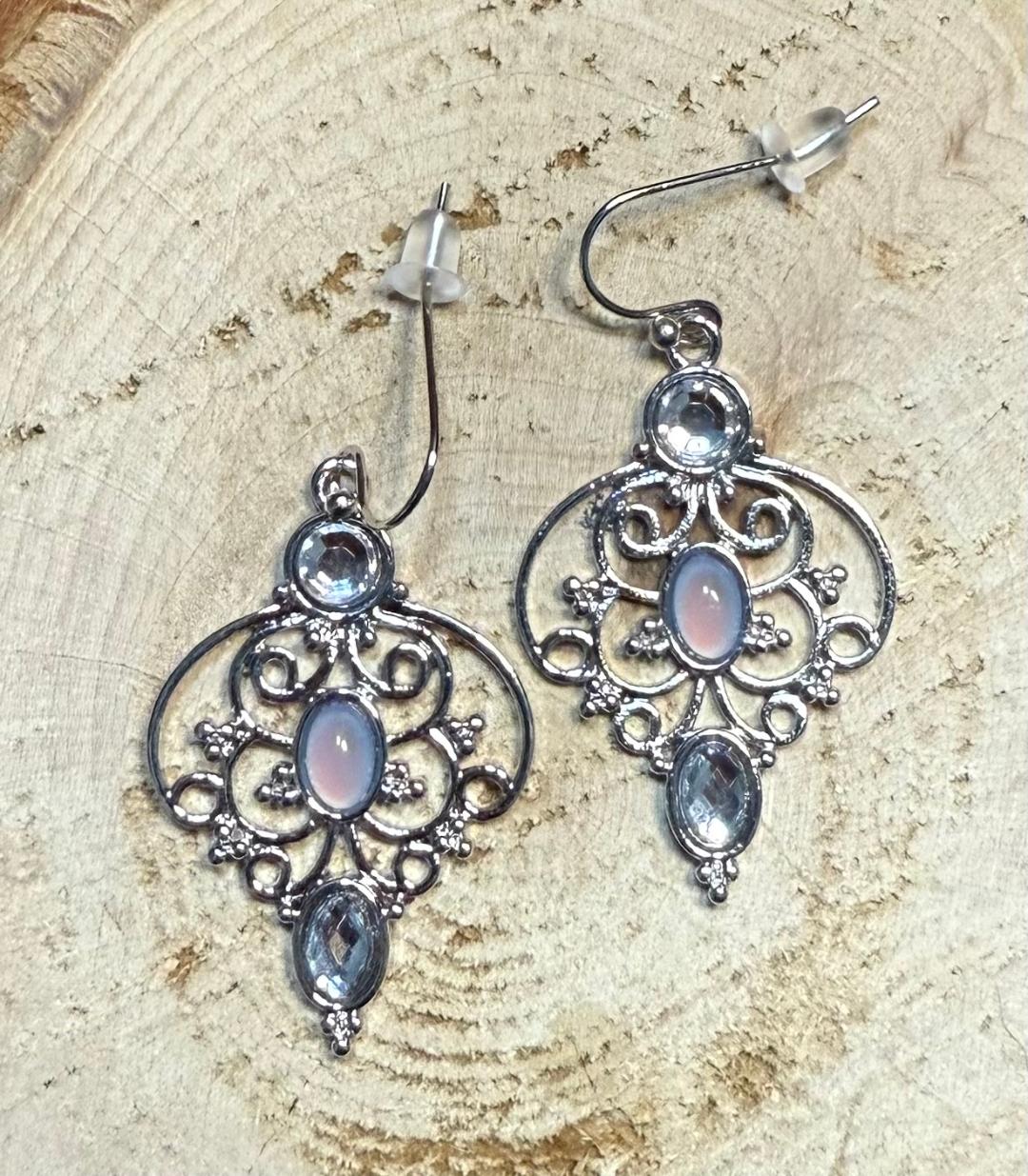 NEW French Style Fancy Silver Earrings w/ Gems