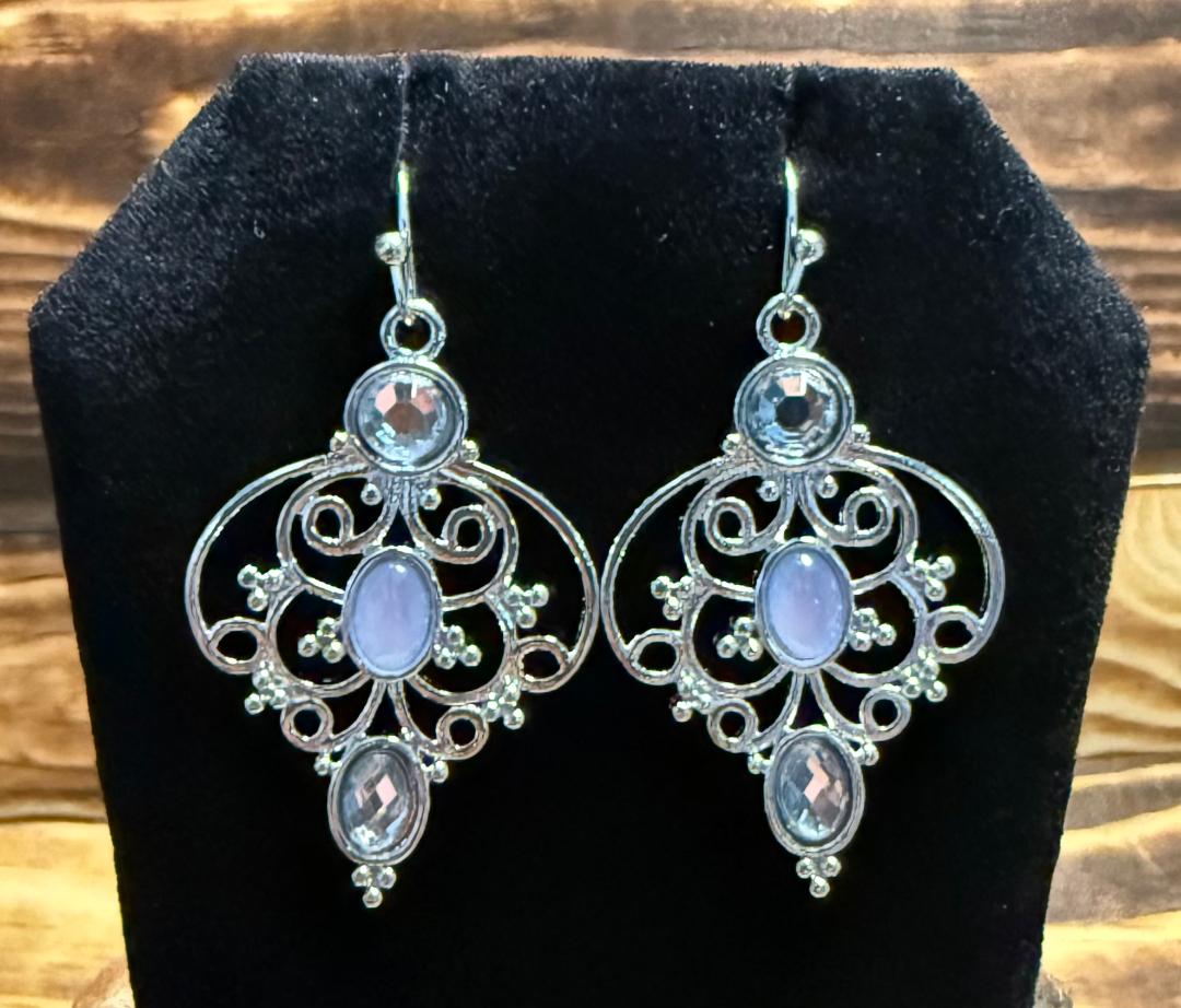 NEW French Style Fancy Silver Earrings w/ Gems