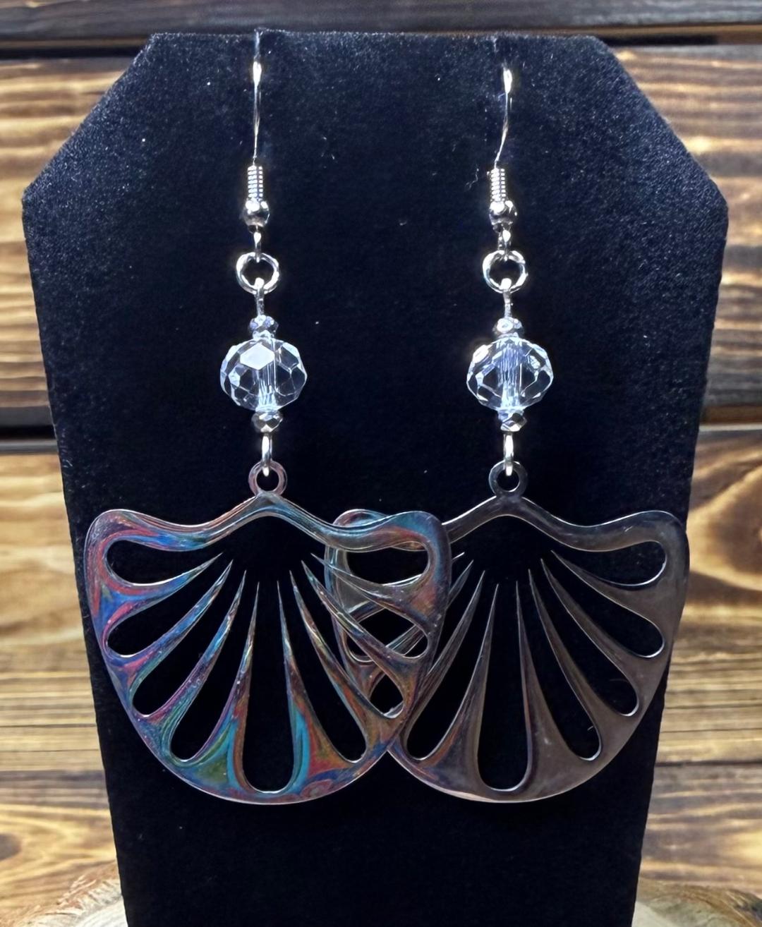 NEW Large Stainless Steel Gingko Leaf Earrings w/ Clear Glass Beads
