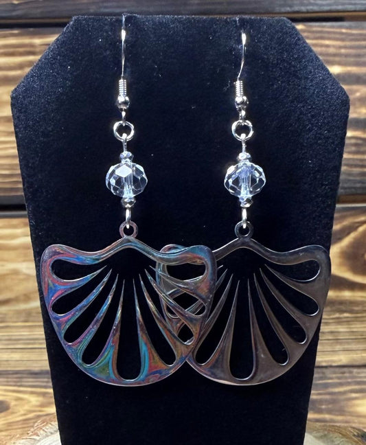 NEW Large Stainless Steel Gingko Leaf Earrings w/ Clear Glass Beads