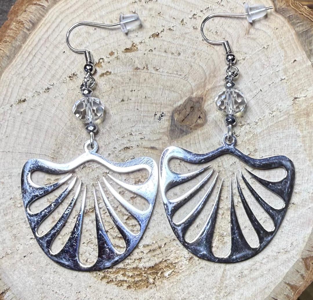 NEW Large Stainless Steel Gingko Leaf Earrings w/ Clear Glass Beads