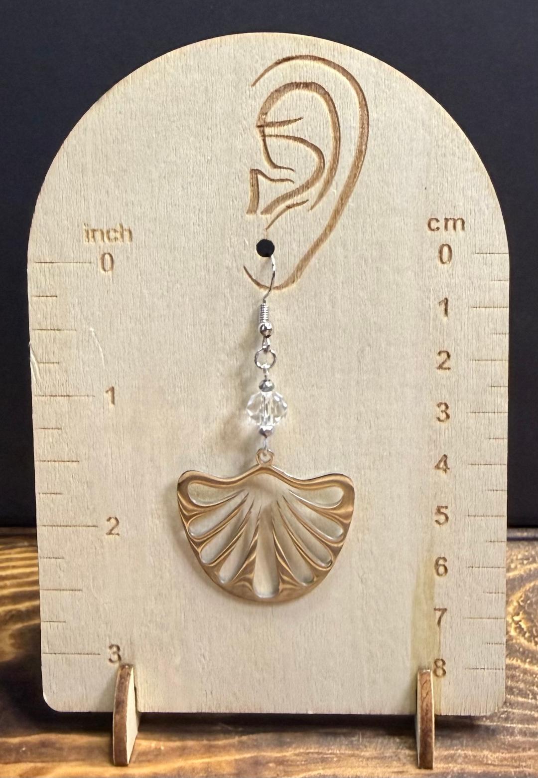 NEW Large Stainless Steel Gingko Leaf Earrings w/ Clear Glass Beads
