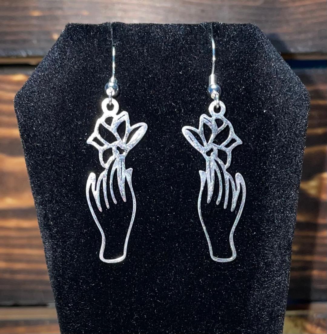 NEW Silver Tone Lotus Flower Hand Charm Dangle Drop Earrings