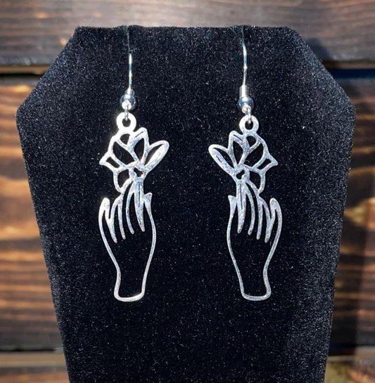 NEW Silver Tone Lotus Flower Hand Charm Dangle Drop Earrings