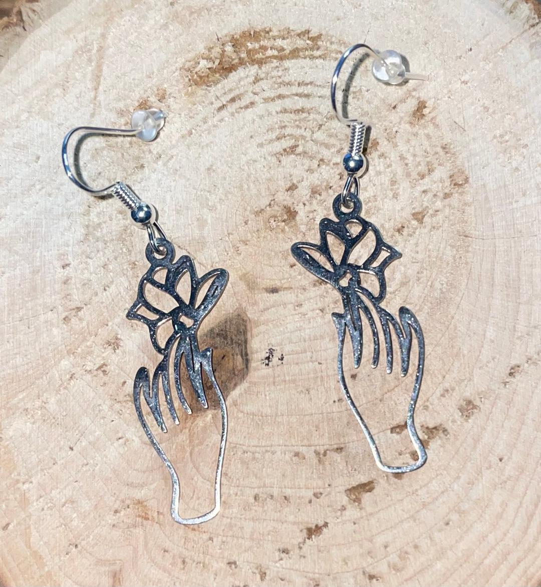 NEW Silver Tone Lotus Flower Hand Charm Dangle Drop Earrings